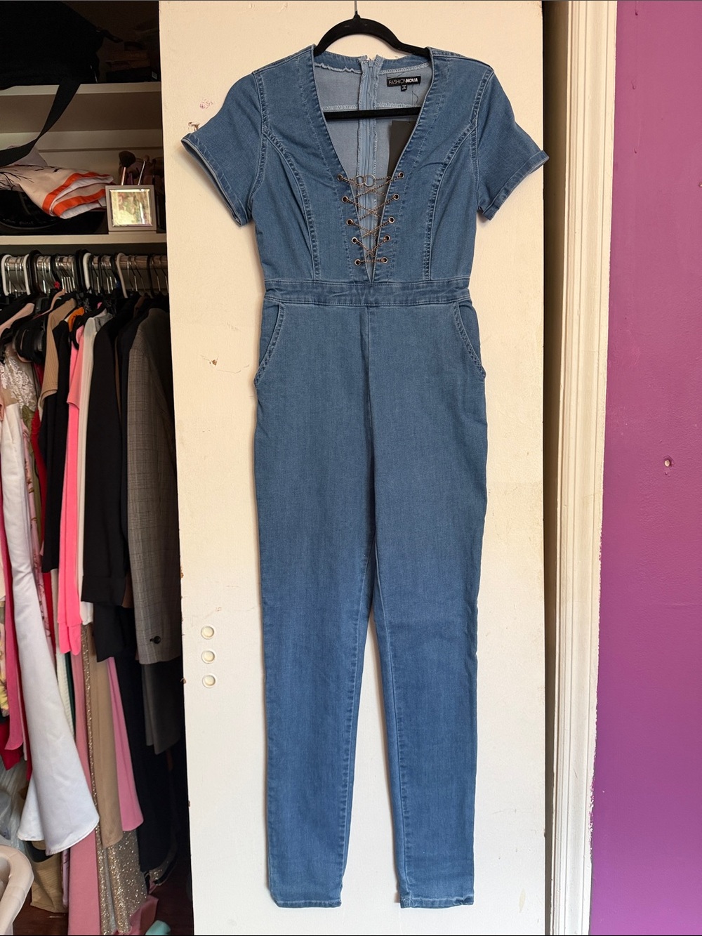 Fashion Nova Chained to Danger Denim Jumpsuit
